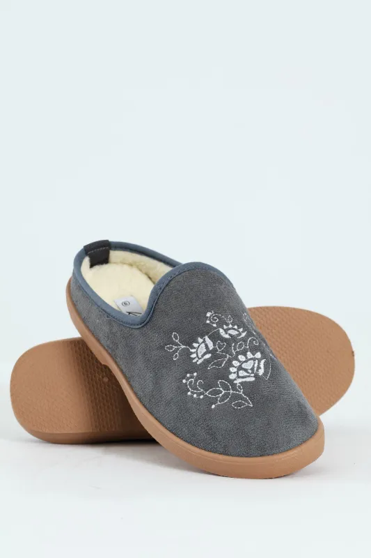Fully Closed Embroidered Slipper - Dark Grey sold by Edgars