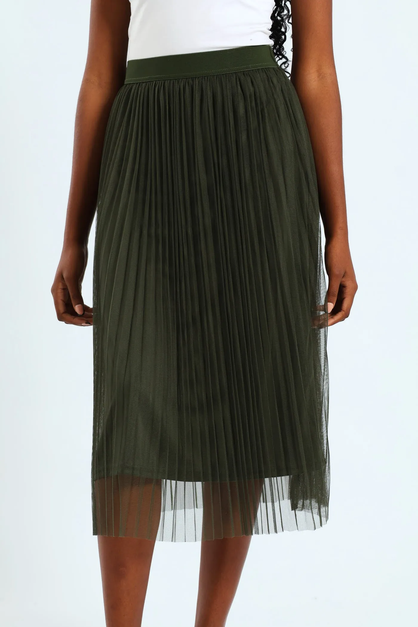 Pleated Mesh Midi Skirt - Olive sold by Edgars