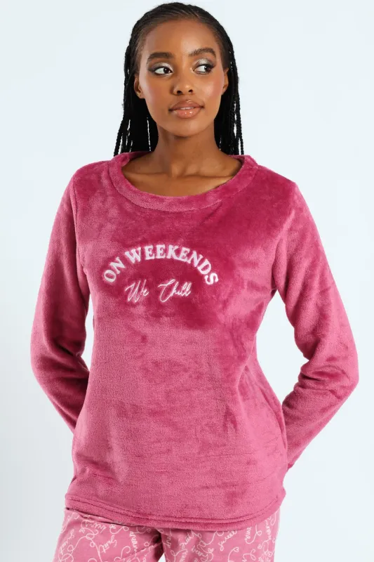 Long Sleeve Fluffy Embroidered Chilled Weekend Pull Over - Dusty Pink sold by Edgars
