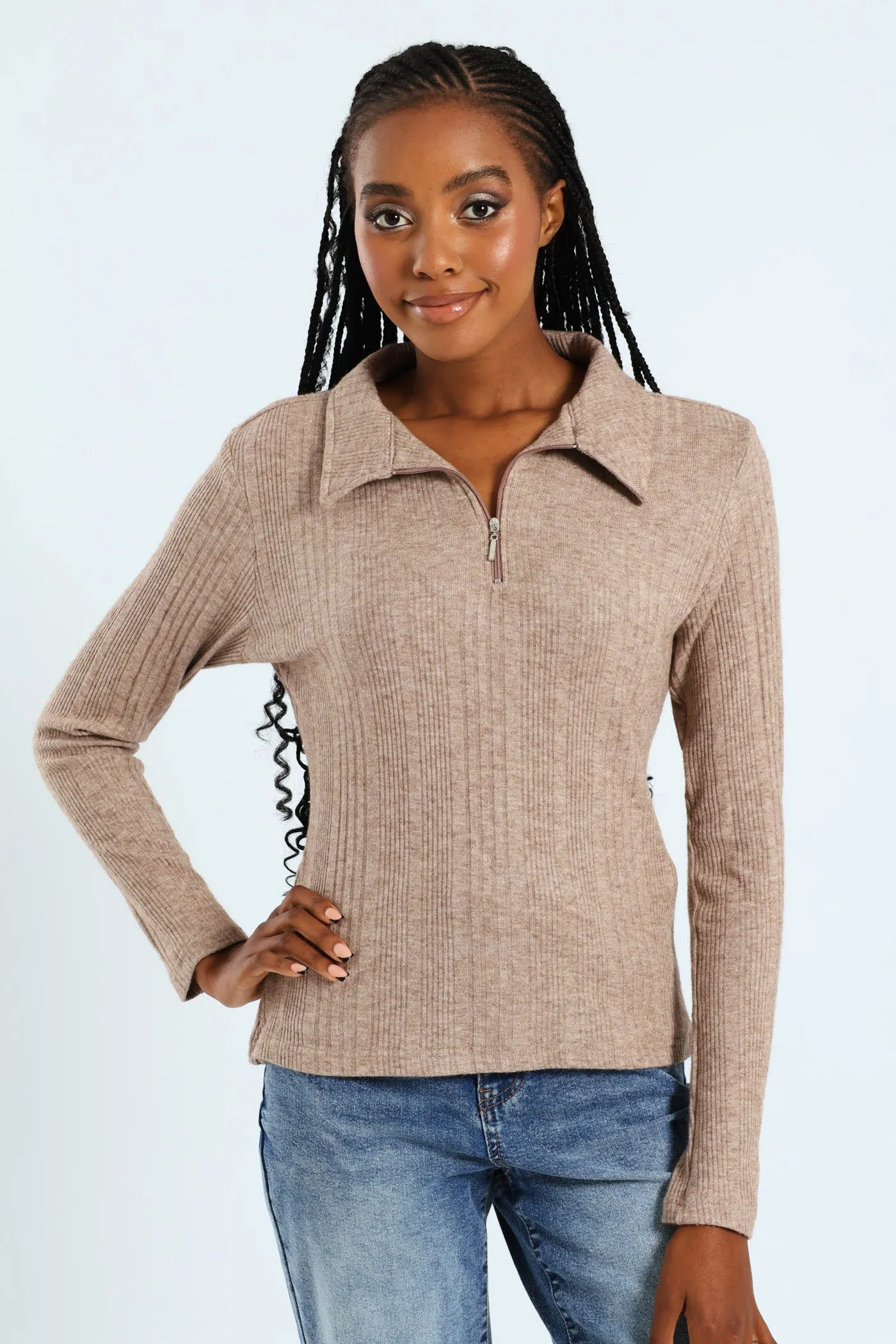 Long Sleeve Zip Through Collar Tee - Oatmeal Melange sold by Edgars