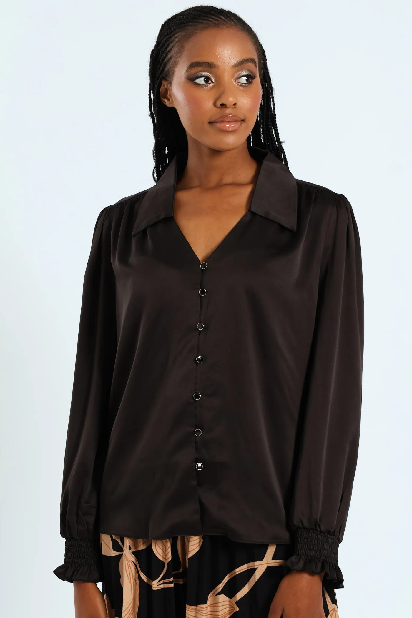 V - Neck Shirred Cuff Satin Shirt - Black sold by Edgars