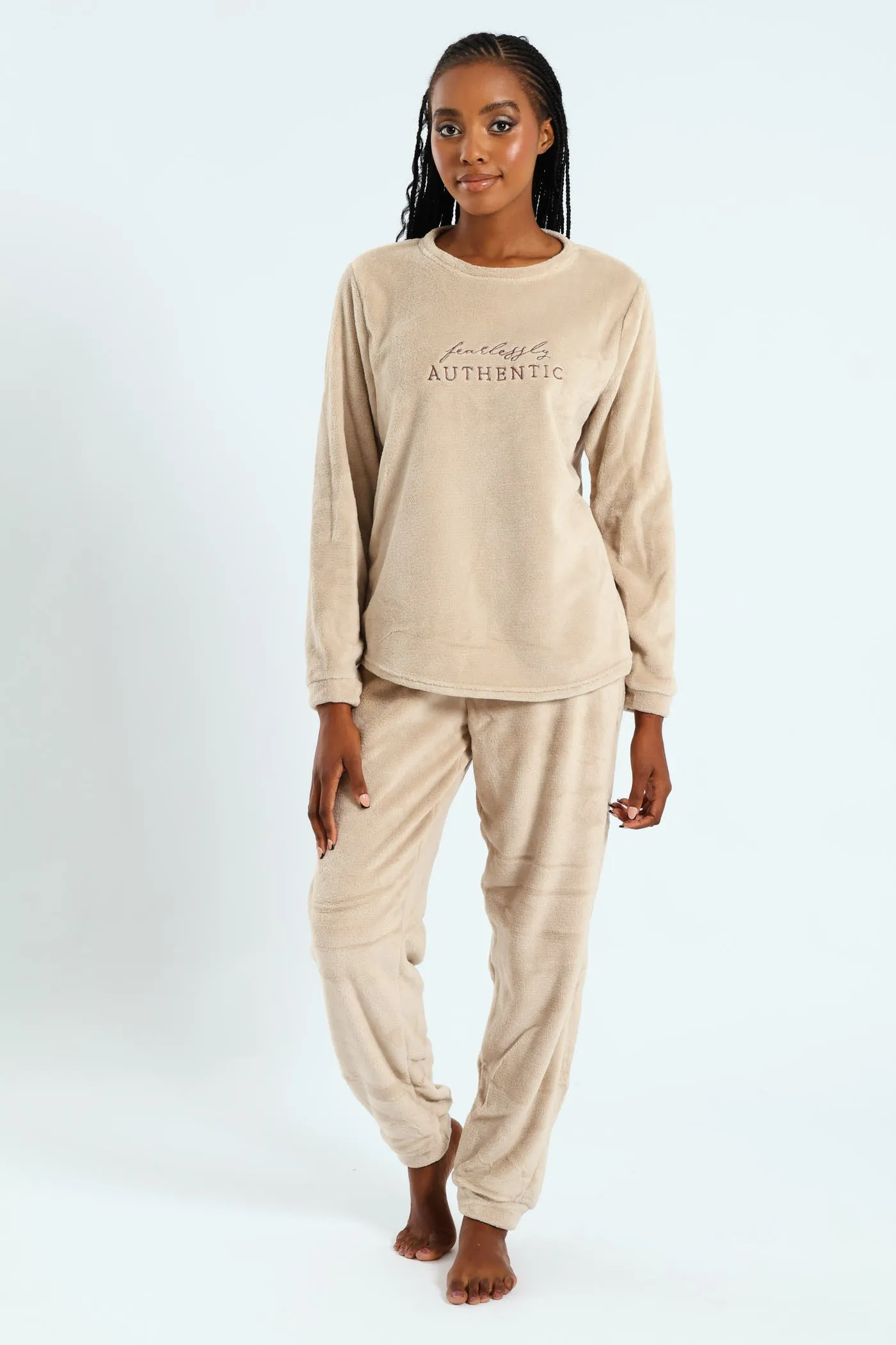 Long Sleeve Embroidered Authentic Cosy Sleep Set - Light Brown sold by Edgars