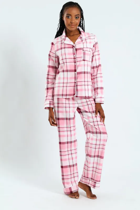 Long Sleeve Flannel Check Button Through & Pants Set - White/Pink sold by Edgars