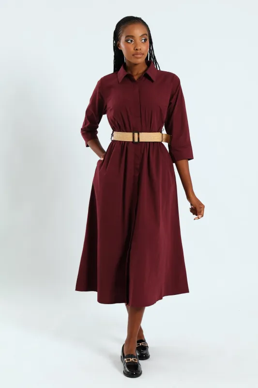 3/4 Sleeve Belted Midi Shirt Dress - Burgundy sold by Edgars 