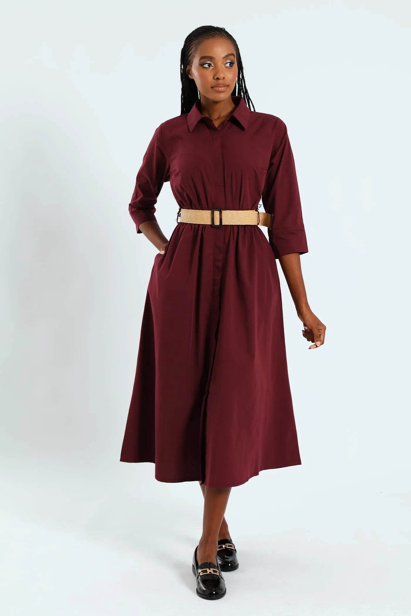 3/4 Sleeve Belted Midi Shirt Dress - Burgundy sold by Edgars