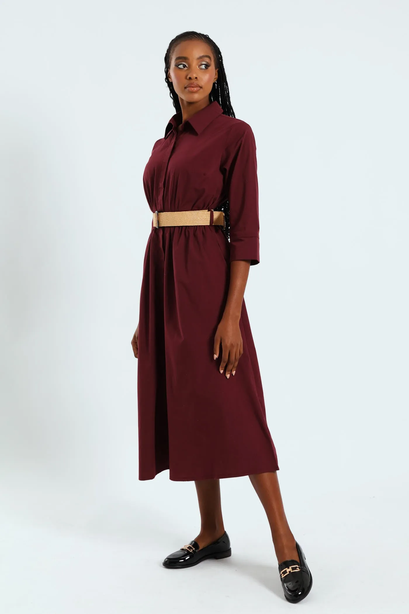 3/4 Sleeve Belted Midi Shirt Dress - Burgundy sold by Edgars product image thumbnail 2