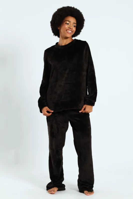 Long Sleeve Cosy Flare Leg Sleep Set - Black sold by Edgars