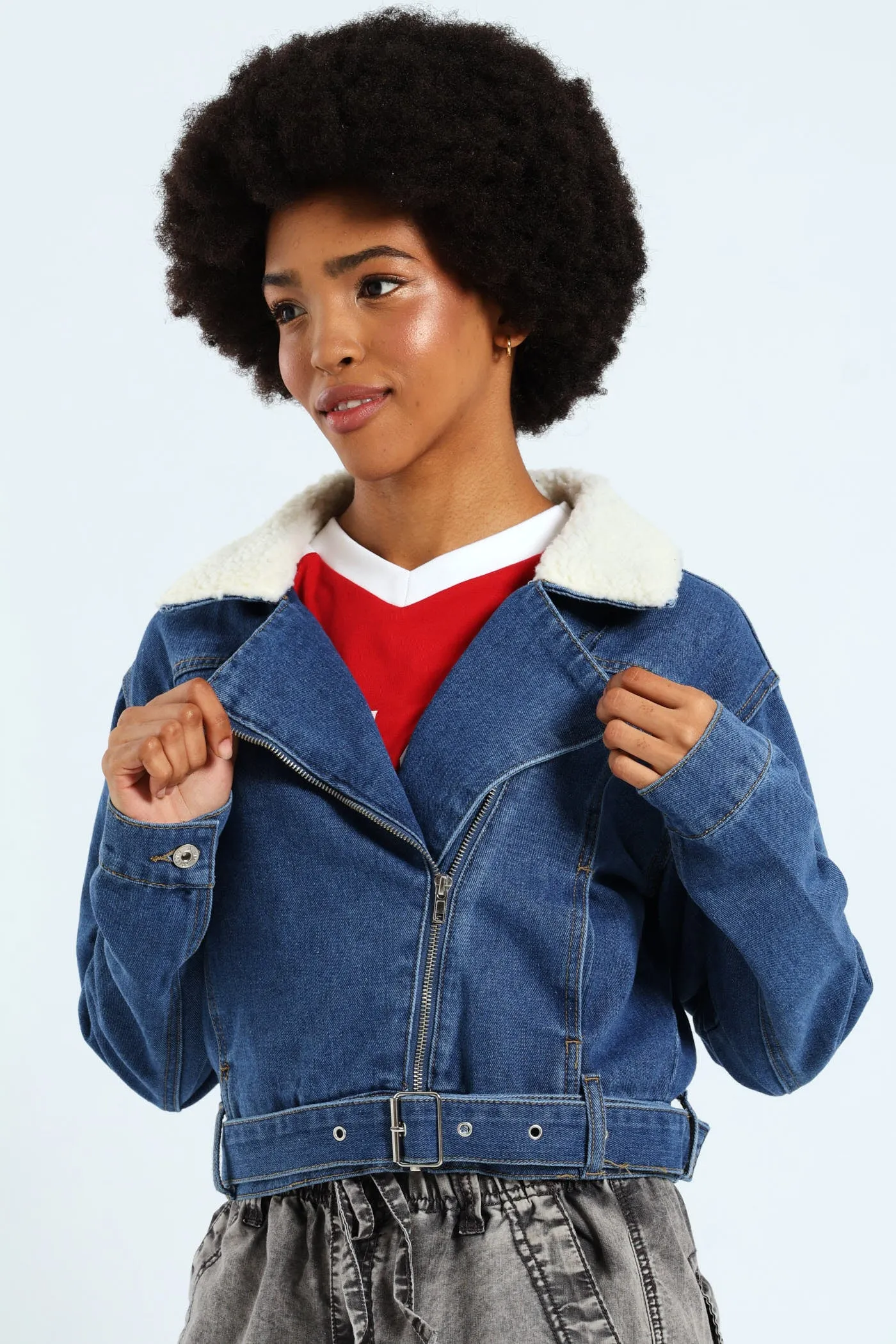 Belted Sherpa Biker Jacket - Mid Blue sold by Edgars product image thumbnail 3