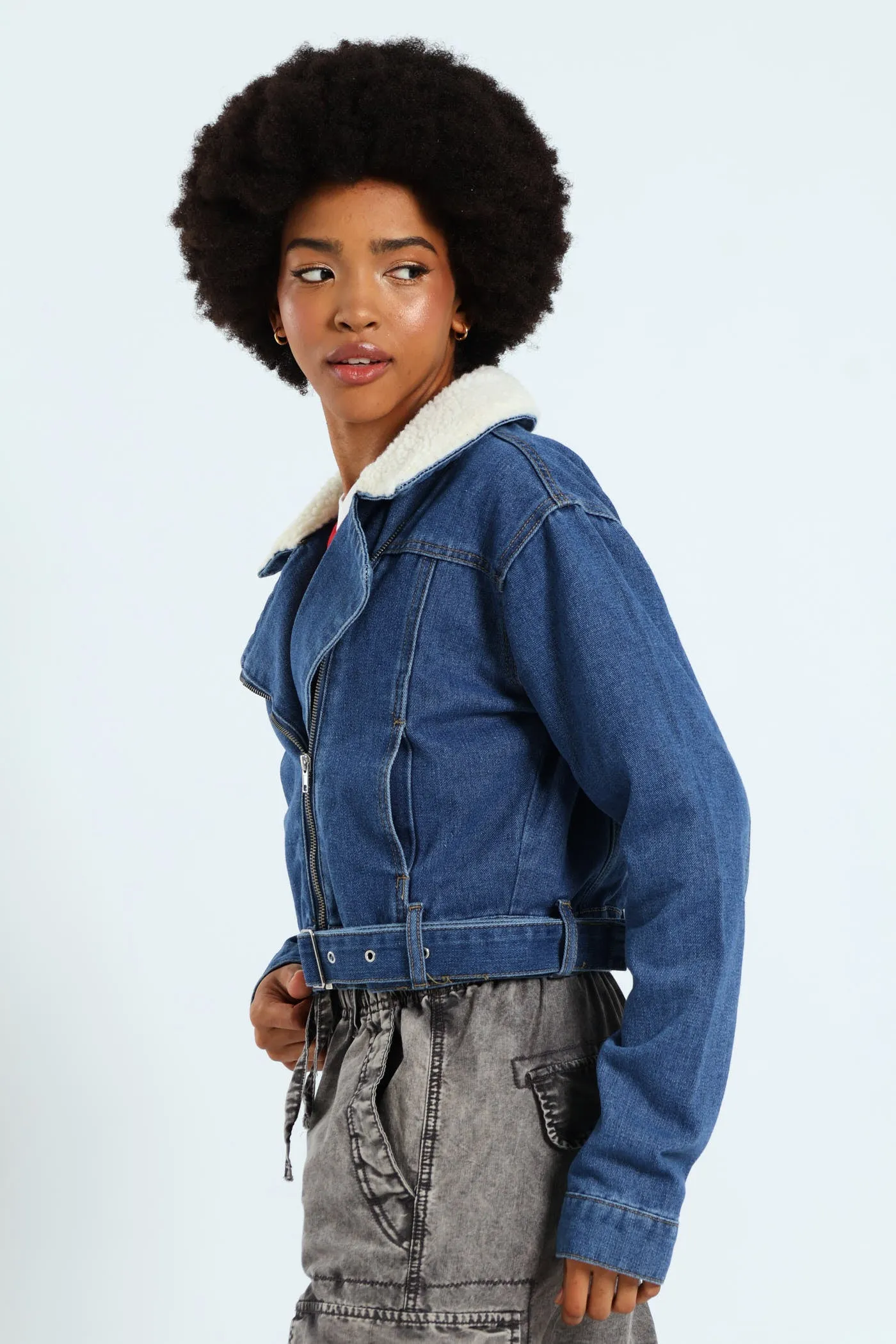 Belted Sherpa Biker Jacket - Mid Blue sold by Edgars product image thumbnail 4