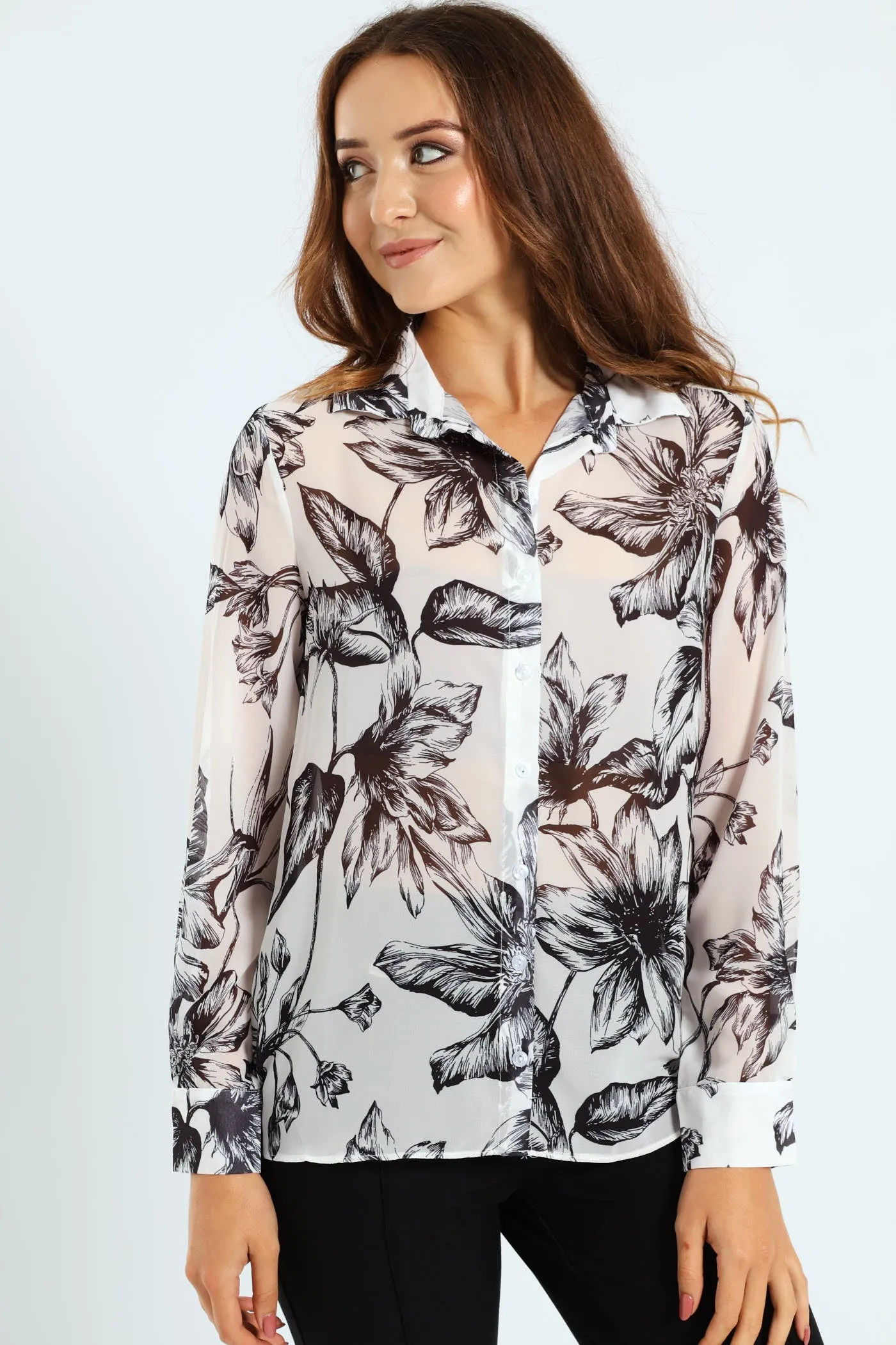 Monochrome Floral Chiffon Shirt - Cream/Black sold by Edgars