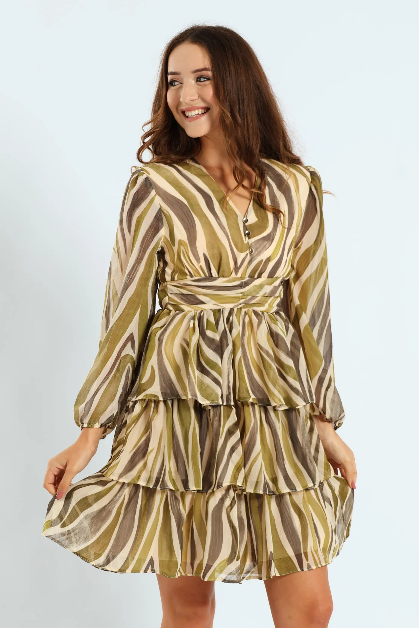 V-Neck Elasticated Waist Tiered Tea Dress - Green sold by Edgars