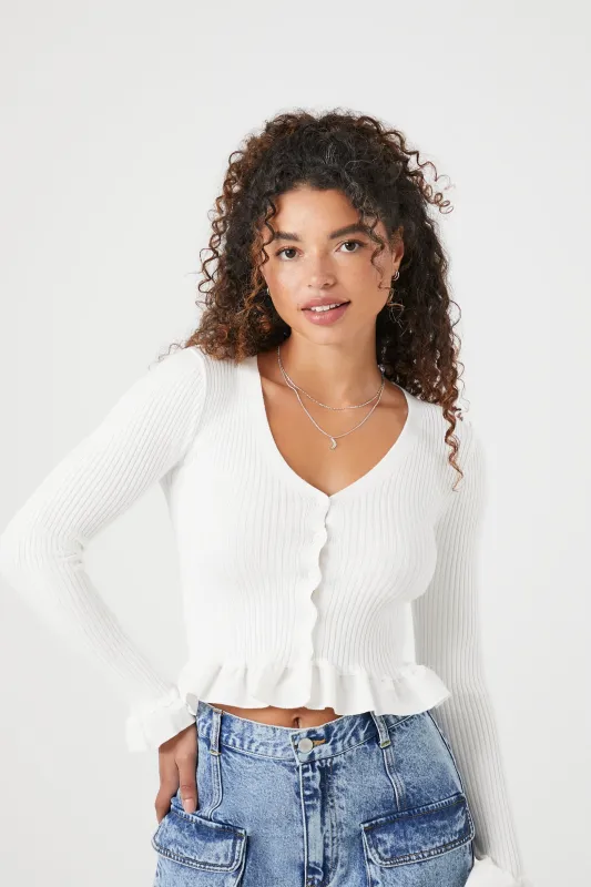 Ruffle Trim Cropped Cardigan Sweater - Vanilla sold by Edgars
