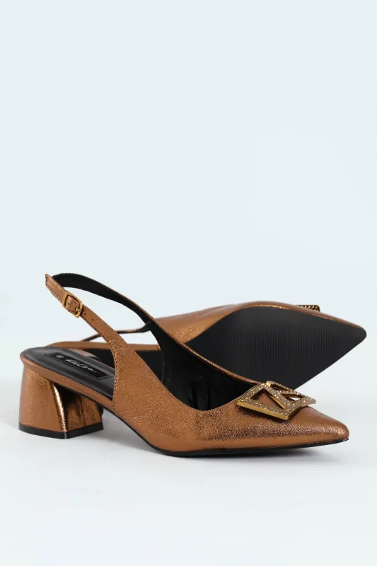 Block Heel With Diamante Trim - Bronze sold by Edgars 