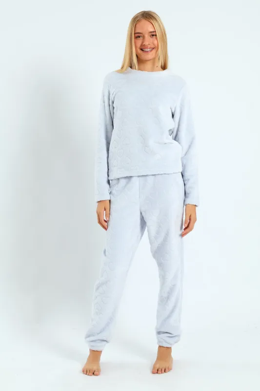 Girls Embossed Heart Coral Fleece Sleep Set - Blue sold by Edgars