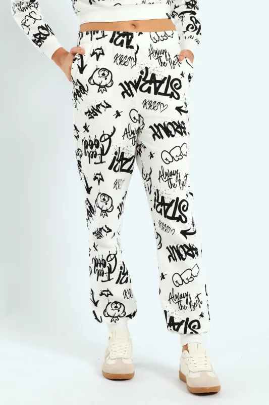 Girls Graffiti Fleece Jogger - White sold by Edgars