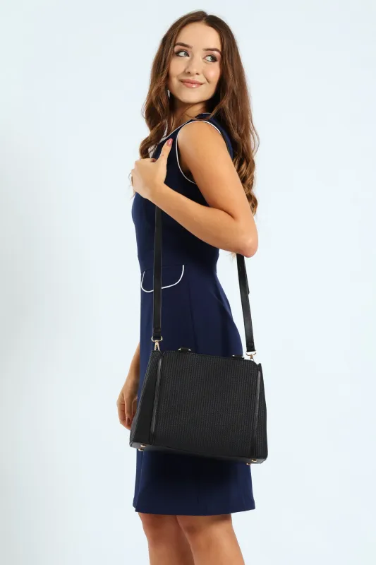 Textured Piping Top Handle Tote Bag - Black sold by Edgars