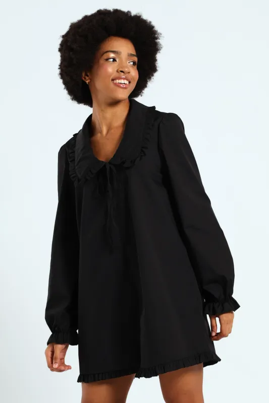 Collared Frill Hem Mini Dress - Black sold by Edgars