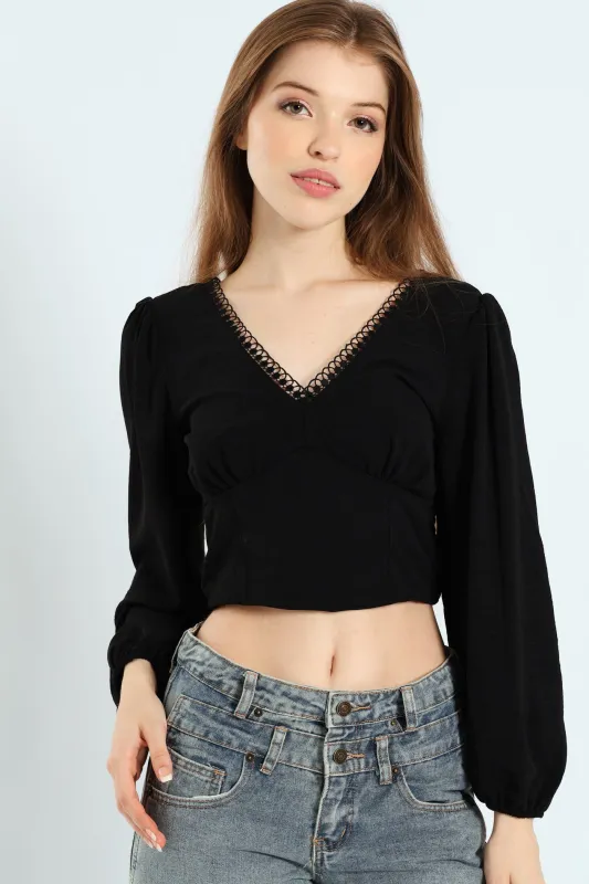 Cropped Long Sleeve Woven Blouse - Black sold by Edgars