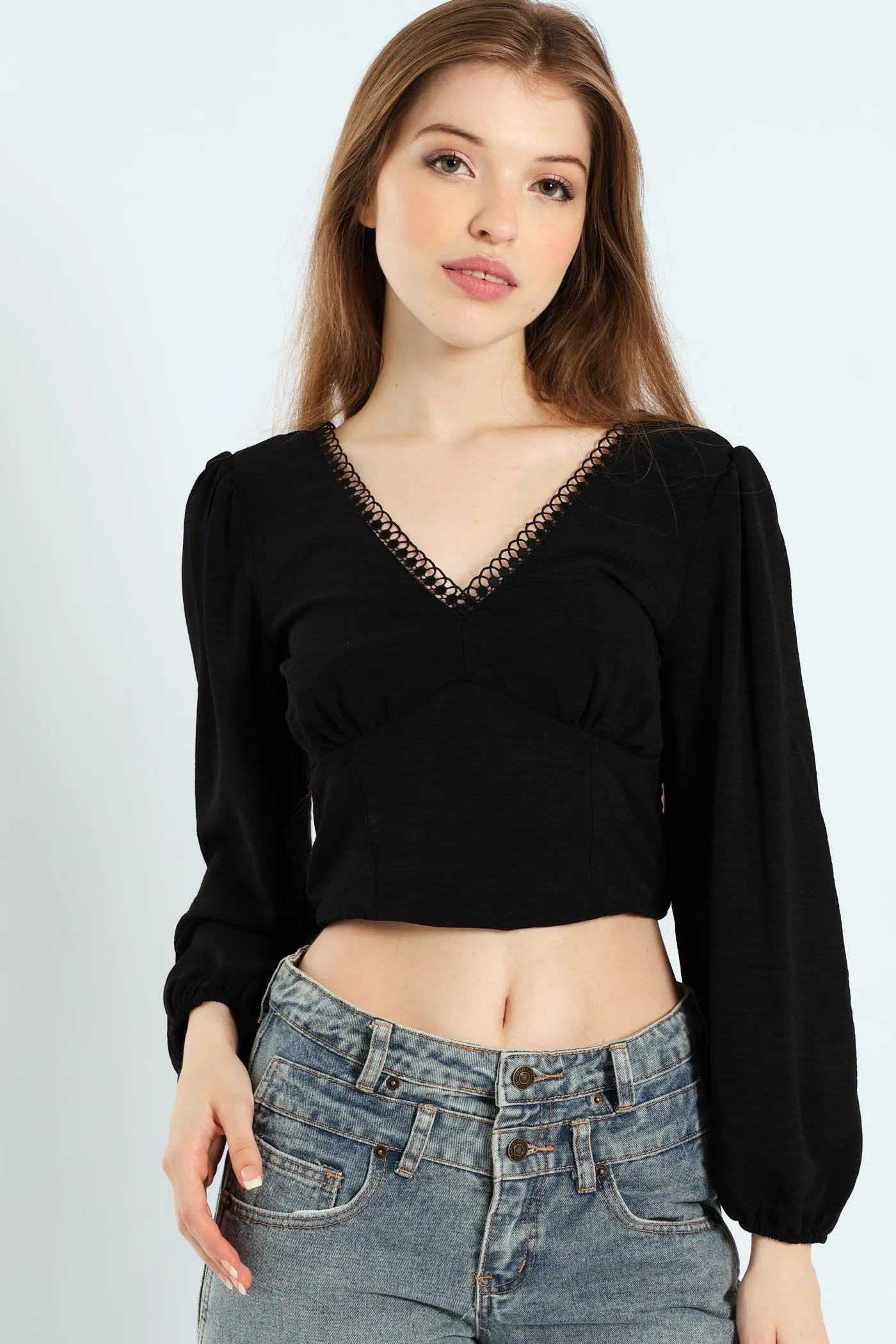 Cropped Long Sleeve Woven Blouse - Black sold by Edgars