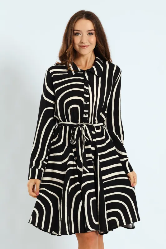 Abstract Button Through Godet Tea Dress - Black/Cream sold by Edgars 