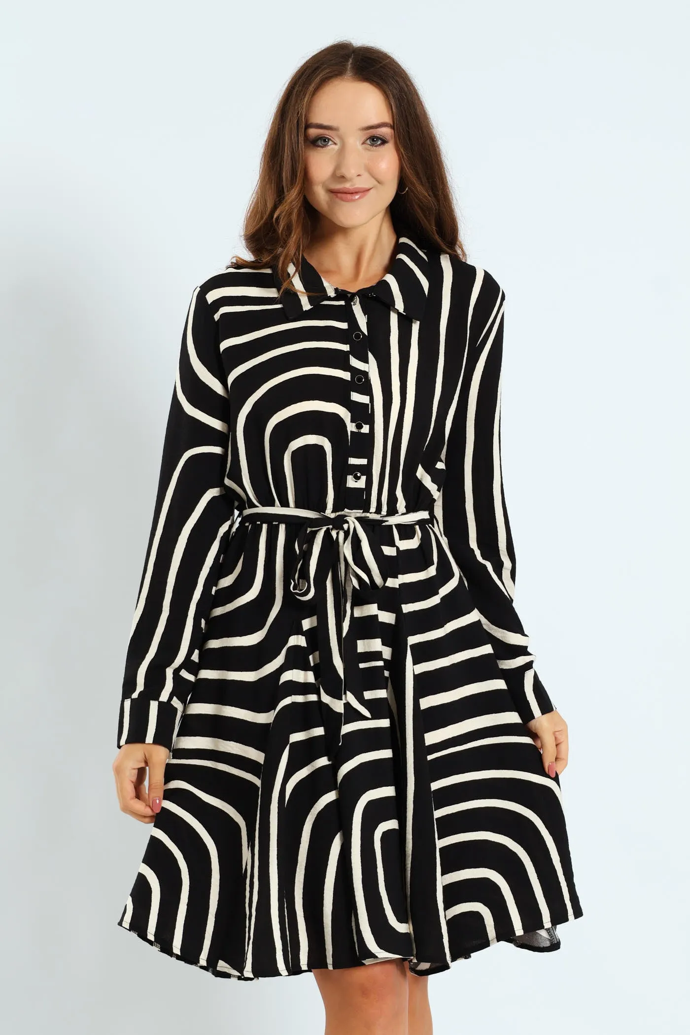 Abstract Button Through Godet Tea Dress - Black/Cream sold by Edgars