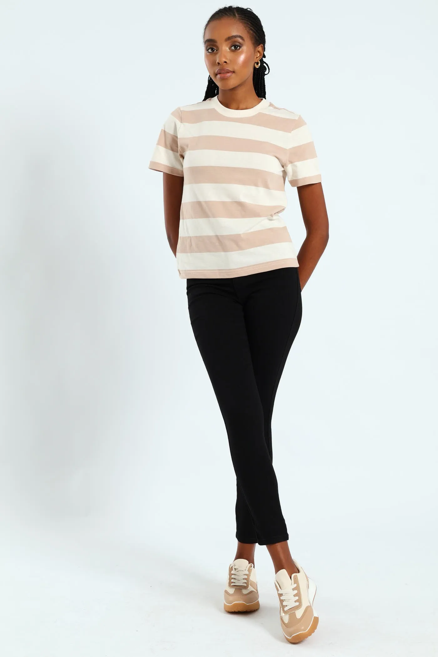 Boxy Bold Stripe Tee With Plain Rib Neck Detail - Taupe/Cream sold by Edgars product image thumbnail 3