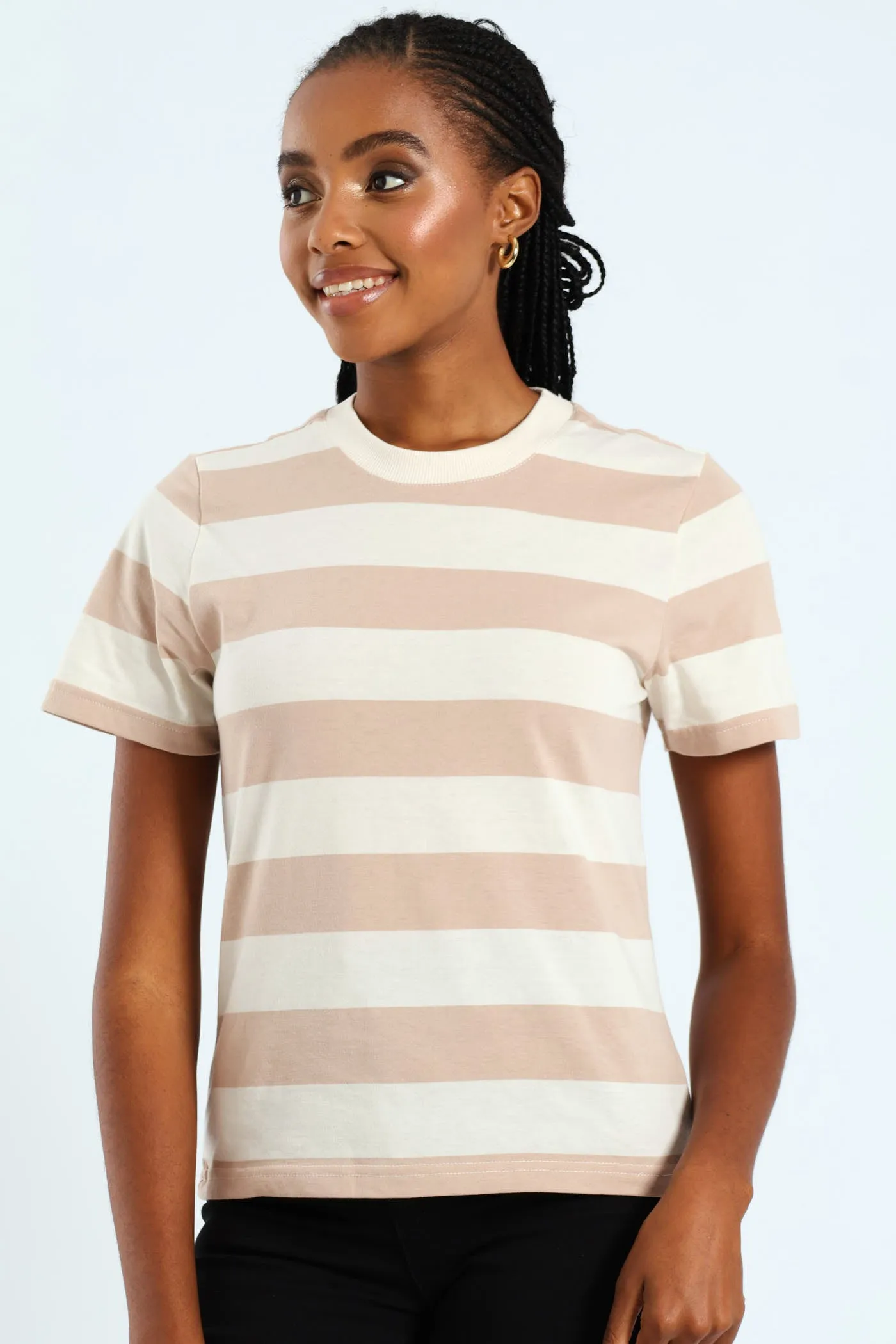 Boxy Bold Stripe Tee With Plain Rib Neck Detail - Taupe/Cream sold by Edgars