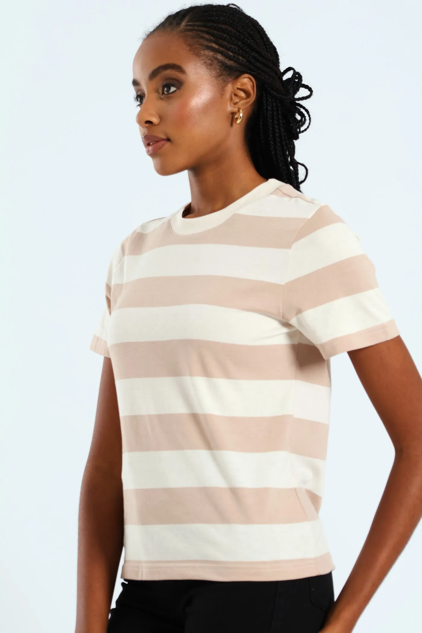 Boxy Bold Stripe Tee With Plain Rib Neck Detail - Taupe/Cream sold by Edgars product image thumbnail 4