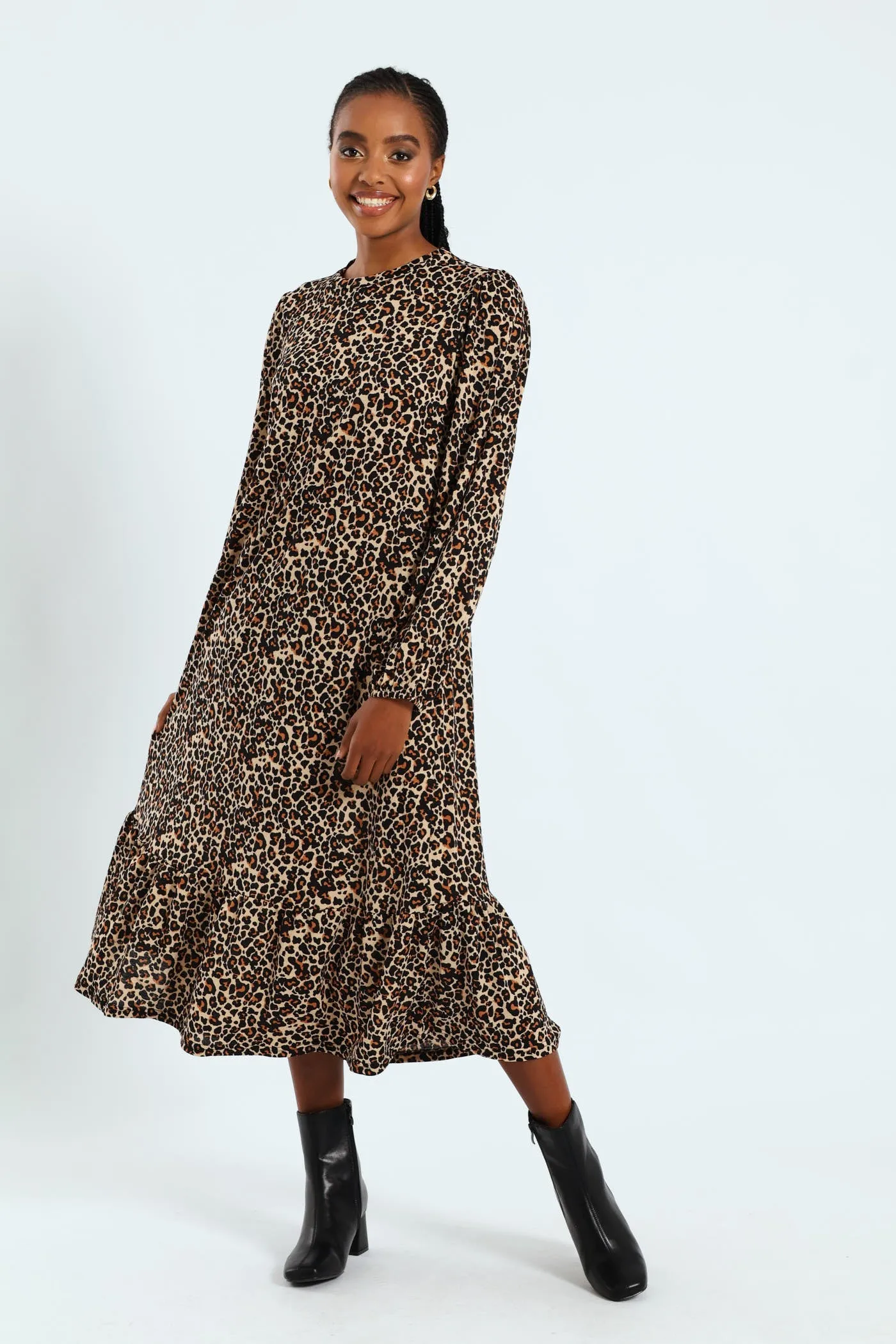 Long Sleeve Puff Sleeve Frill Hem Midi Dress sold by Edgars