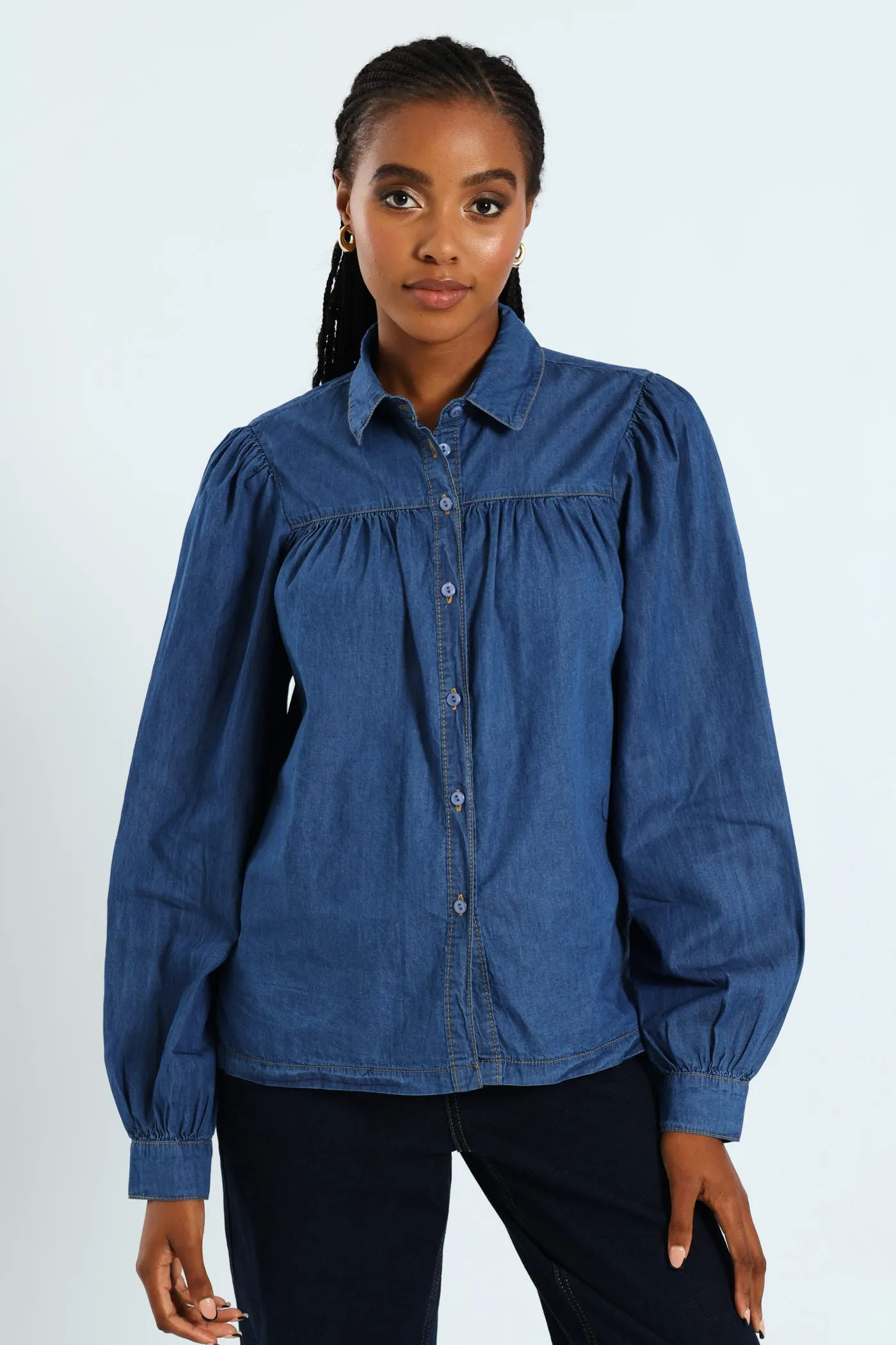 Puff Sleeve Chambray Shirt - Medium Wash sold by Edgars
