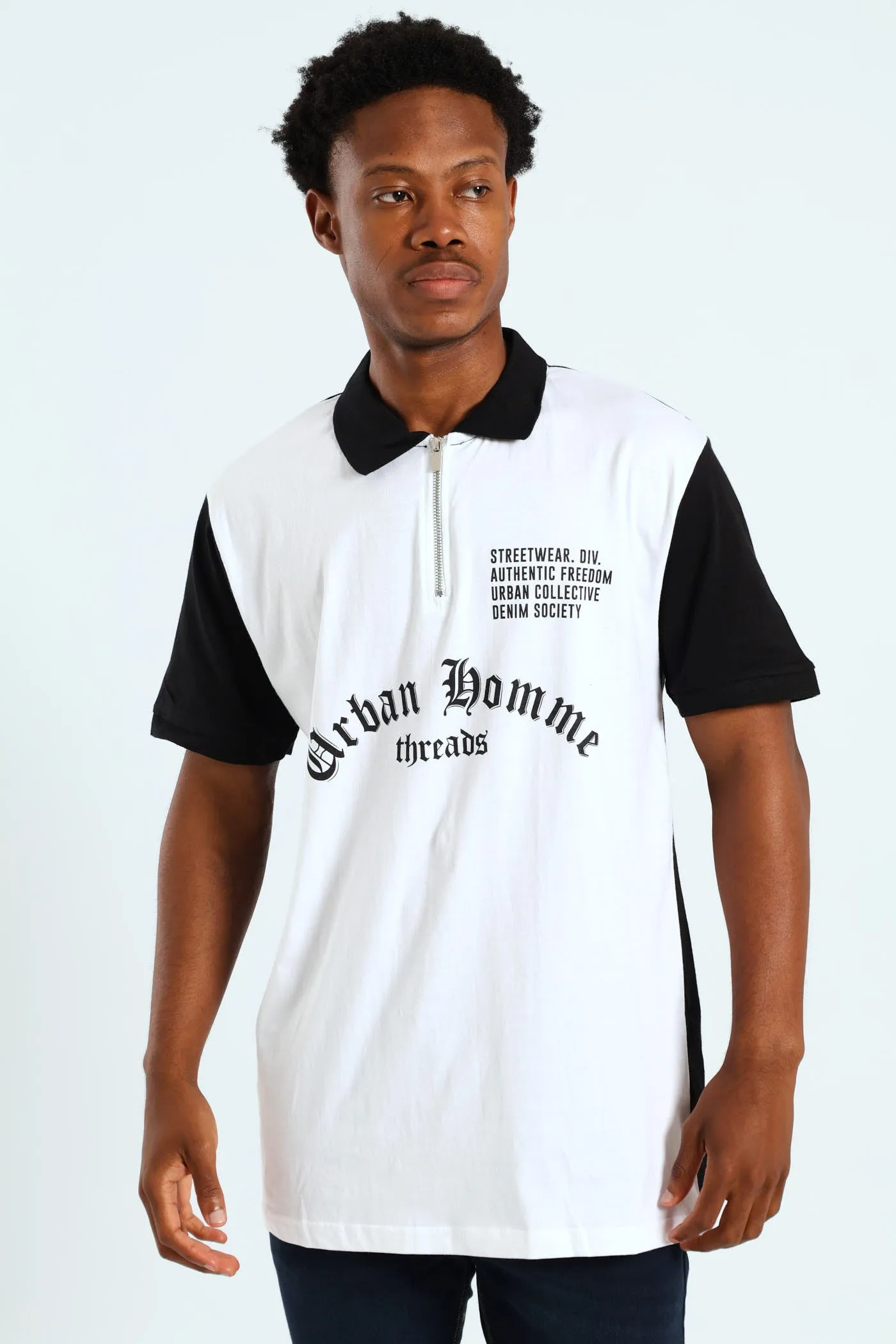 Colourblock Gothic Print Golfer - White/Black sold by Edgars