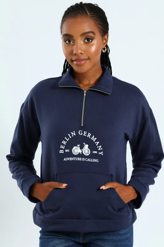 Long Sleeve Slogan Bicycle Zip Funnel Neck Pullover - French Navy sold by Edgars