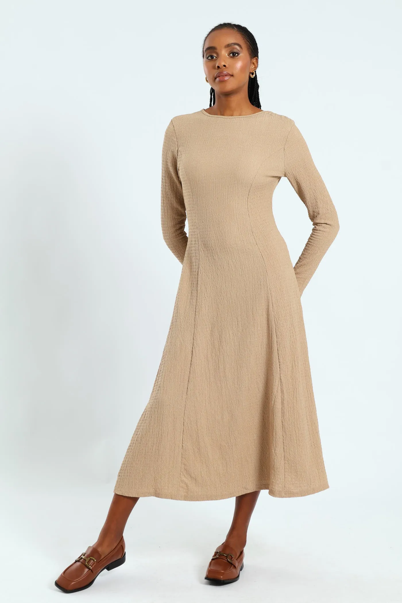Fit & Flare Panelled Knit Midi Dress - Dark Beige sold by Edgars
