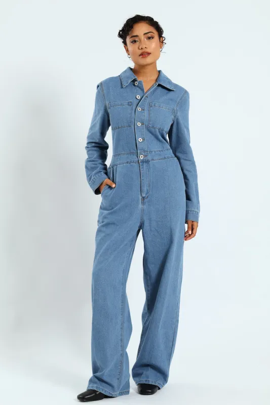 Long Sleeve Denim Boiler Suit - Mid Blue sold by Edgars