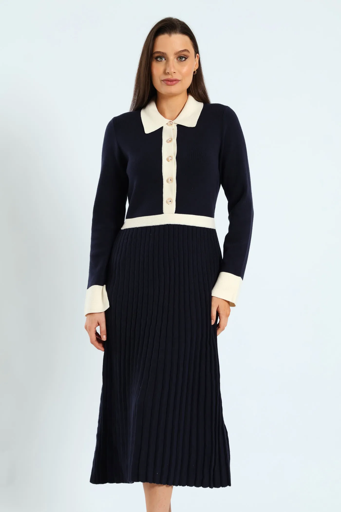 Preppy Pleated Knitwear Midi Dress - Navy sold by Edgars