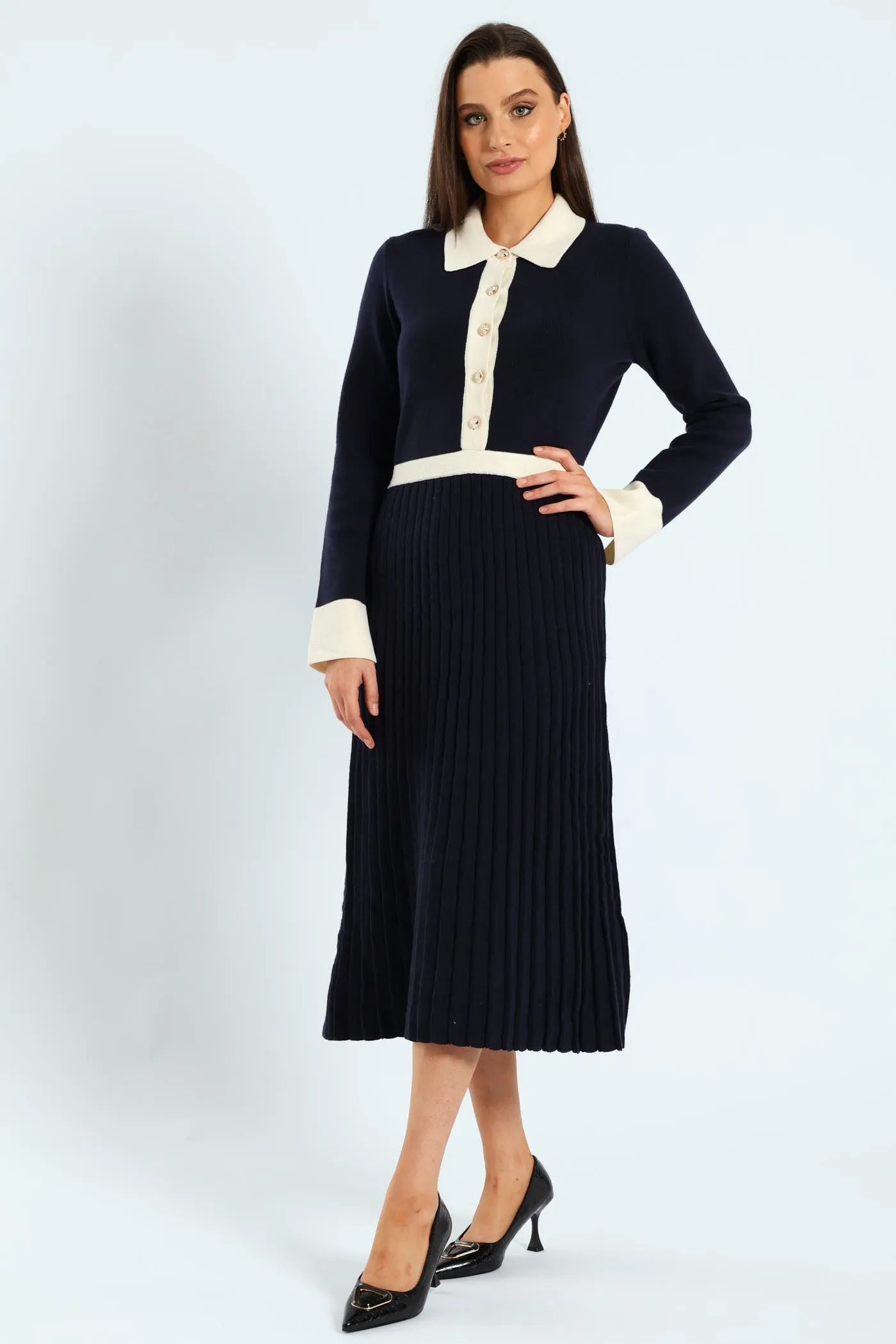 Preppy Pleated Knitwear Midi Dress - Navy sold by Edgars product image thumbnail 2