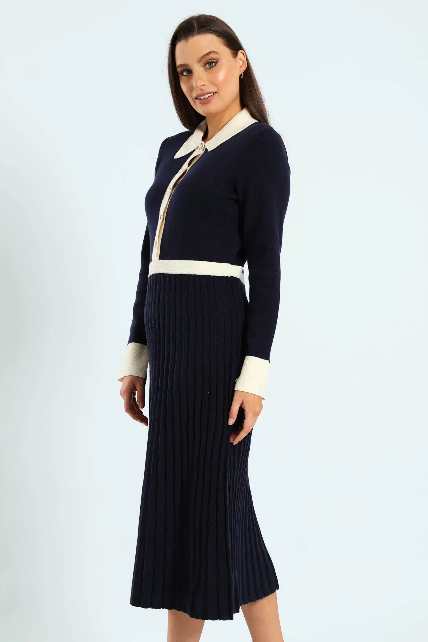 Preppy Pleated Knitwear Midi Dress - Navy sold by Edgars product image thumbnail 3