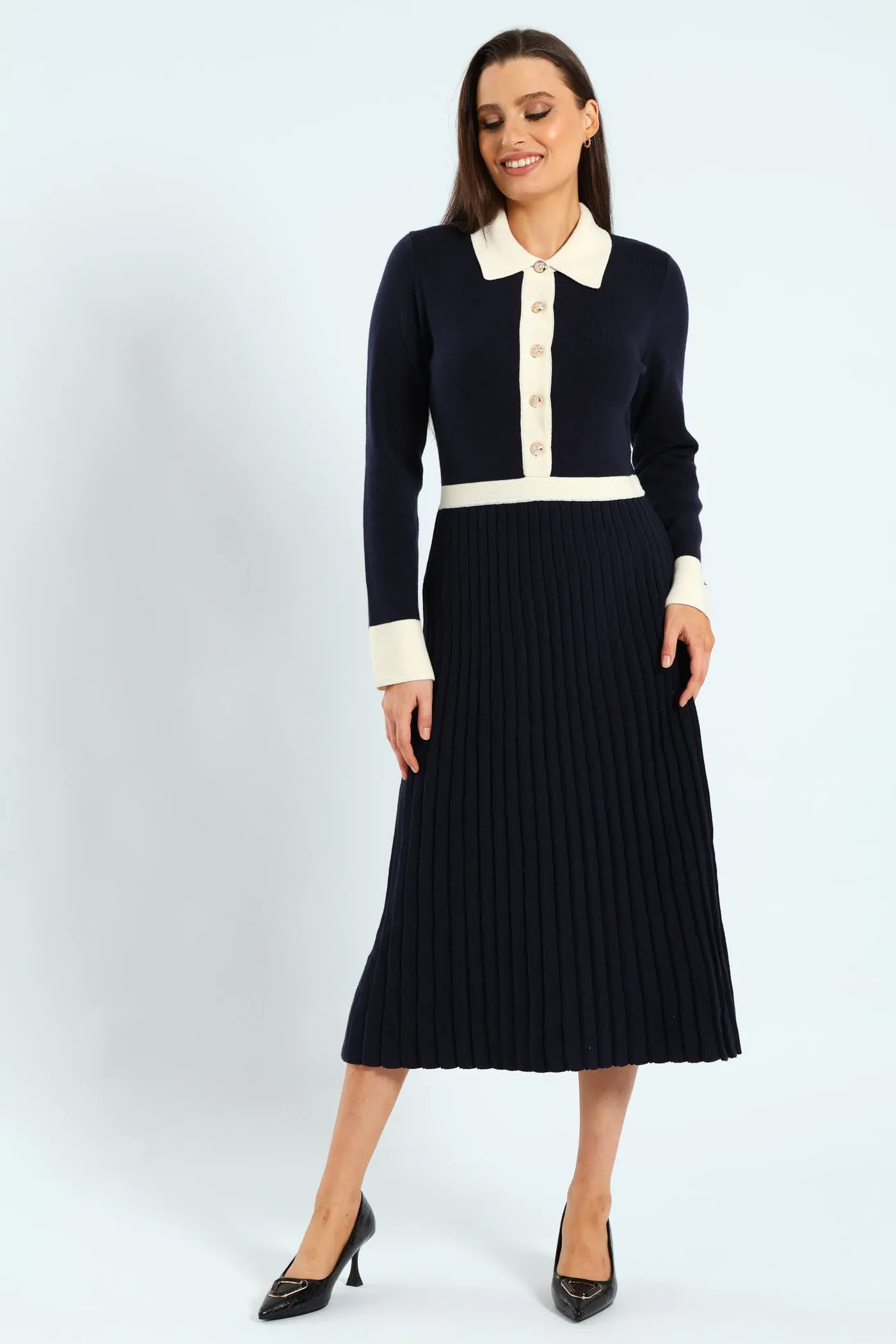 Preppy Pleated Knitwear Midi Dress - Navy sold by Edgars product image thumbnail 5