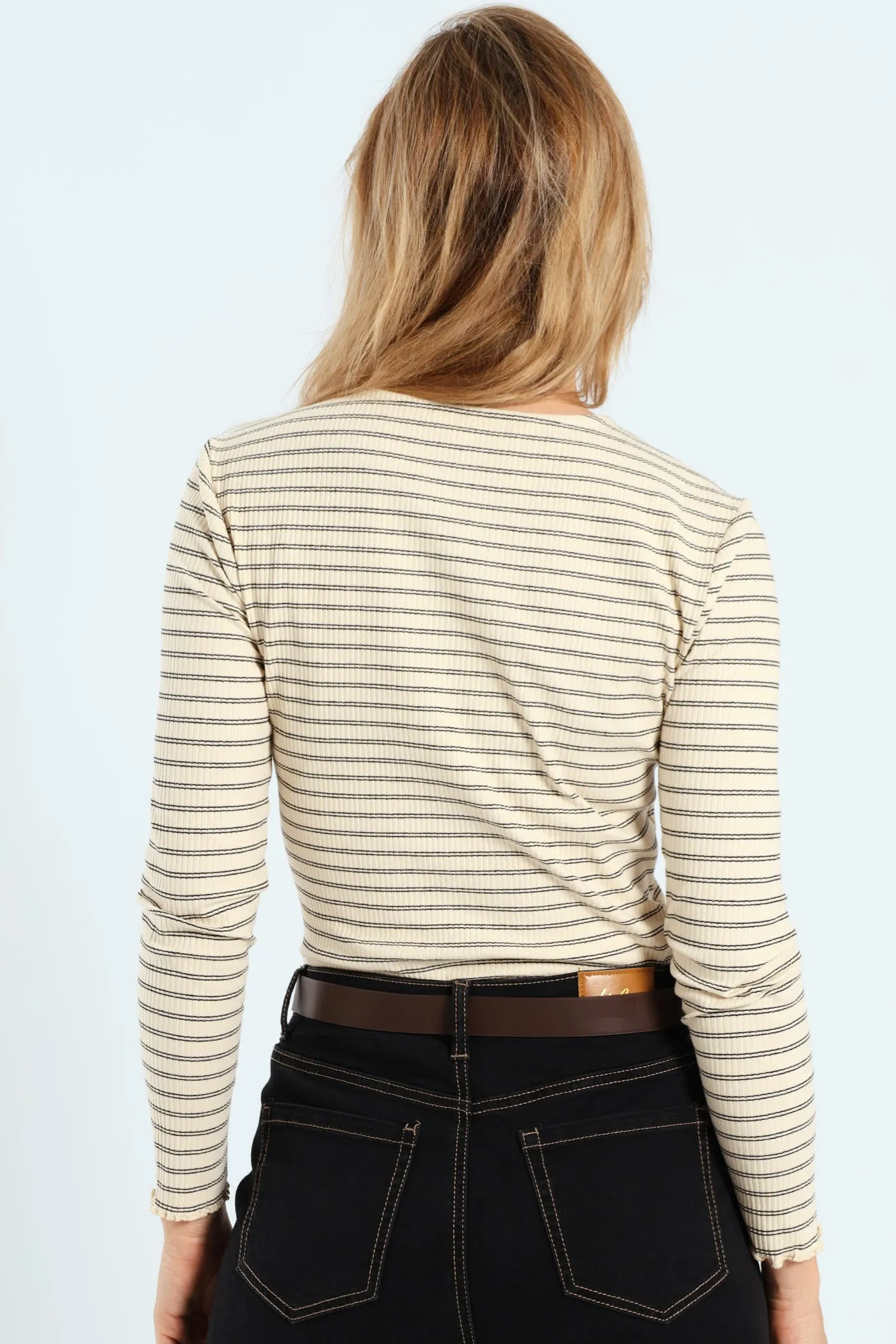 Long Sleeve Stripe Button Through Rib Tee - Cream/Black sold by Edgars product image thumbnail 3