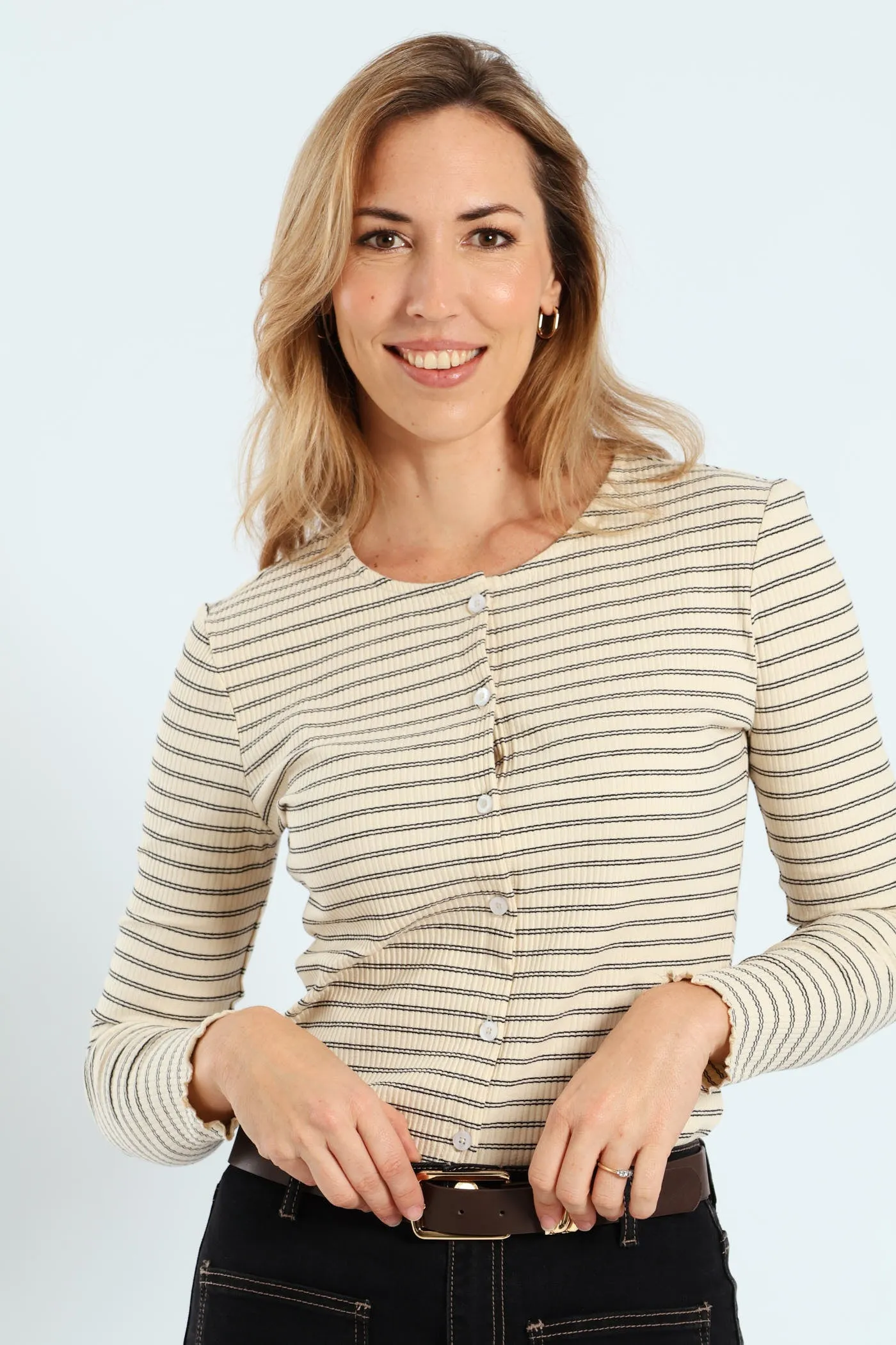 Long Sleeve Stripe Button Through Rib Tee - Cream/Black sold by Edgars