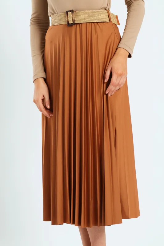 Belted Pleated Maxi Skirt - Caramel sold by Edgars 