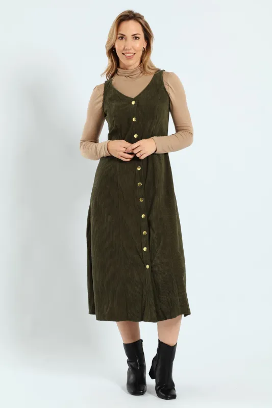V-Neck Button Through Panelled Fit & Flare Corduroy Midi Dress - Dark Fatigue sold by Edgars 