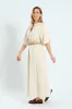 Bubble Sleeve Half Placket Raffia Belt Midaxi Dress - Oatmeal Melange sold by Edgars