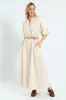Bubble Sleeve Half Placket Raffia Belt Midaxi Dress - Oatmeal Melange sold by Edgars