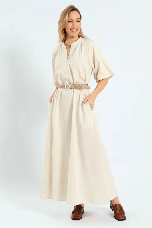 Bubble Sleeve Half Placket Raffia Belt Midaxi Dress - Oatmeal Melange sold by Edgars