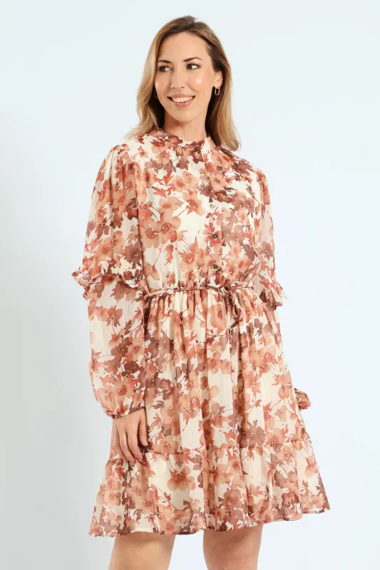 Mandarin Collar Tiered Frill Tea Dress - Cream sold by Edgars 