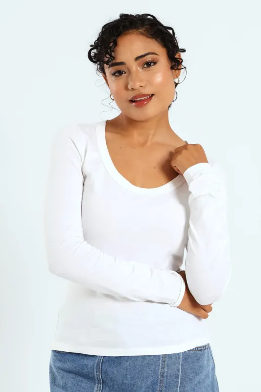 Long Sleeve Basic Scoop Neck Top - White sold by Edgars