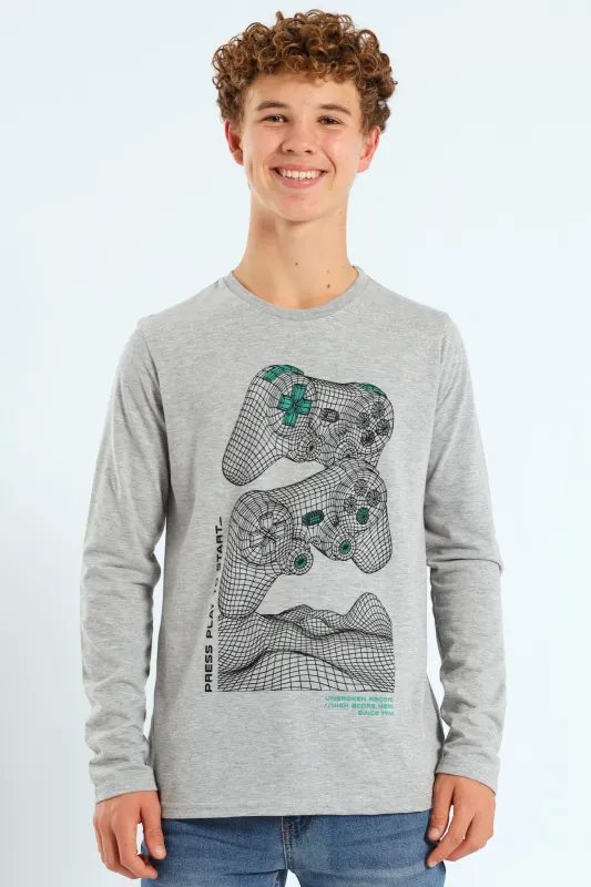 Boys 2 Pack Long Sleeve Gamer & Soccer Tees - Grey Melange/Black sold by Edgars