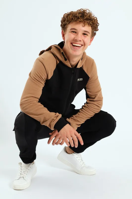 Boys Colourblock Zip Through Hoodie - Black/Tan sold by Edgars