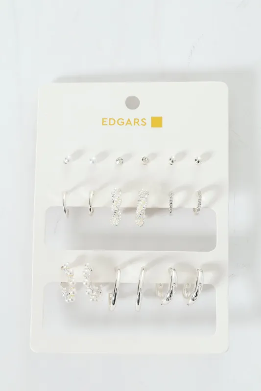 9 Pack Stud Faux Pearl Bead Hoop Earrings - Silver sold by Edgars